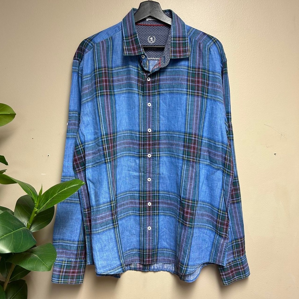 Bugatchi Uomo Vintage Blue Plaid 100% Linen Button Up Shirt Mens XL Shaped Fit